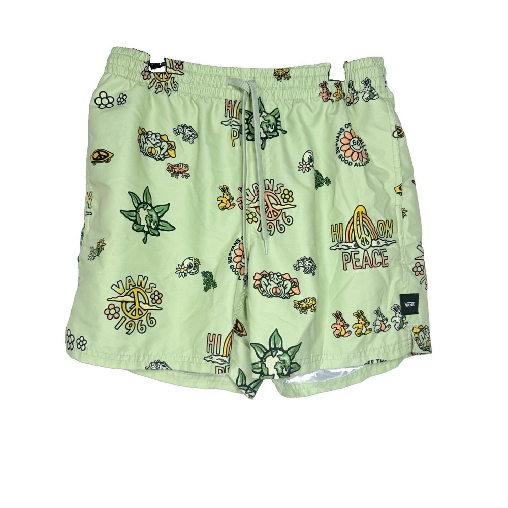 Vans Surf Volley Shorts Mens M Green Peace Graphic Swim Trunks Beach 5" Inseam